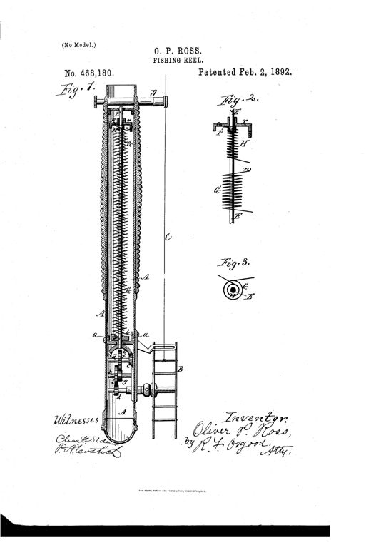 Patent drawing of a fishing rod butt in cross-section showing nested spiral springs, a central spindle, bevel and spur gears, and an external winding spool with handle.