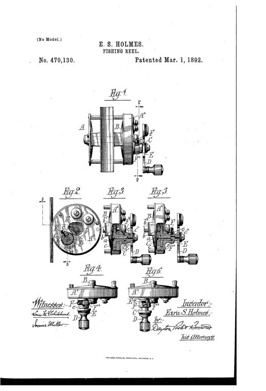 Patent drawing of a fishing reel showing the frame, spool, crank handle, and internal gear mechanism in six labeled figures illustrating engaged and disengaged positions.