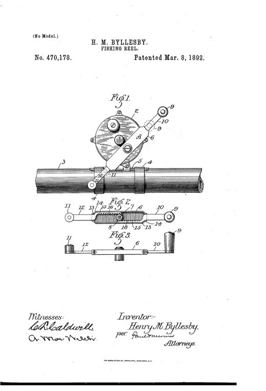 Patent drawing showing a cylindrical fishing reel mounted on a segmented fish-pole via sliding collars, with an angled crank handle extending from the reel body, plus two additional sectional views below showing the telescoping crank arm with internal rack-and-pinion gearing and a counterbalancing weight knob.