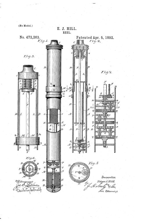 Patent drawing of a fishing rod handle in cross-section showing an internal spring-driven winding spool, gear train, threaded shaft, and sliding control band, with six labeled figures illustrating the mechanism.