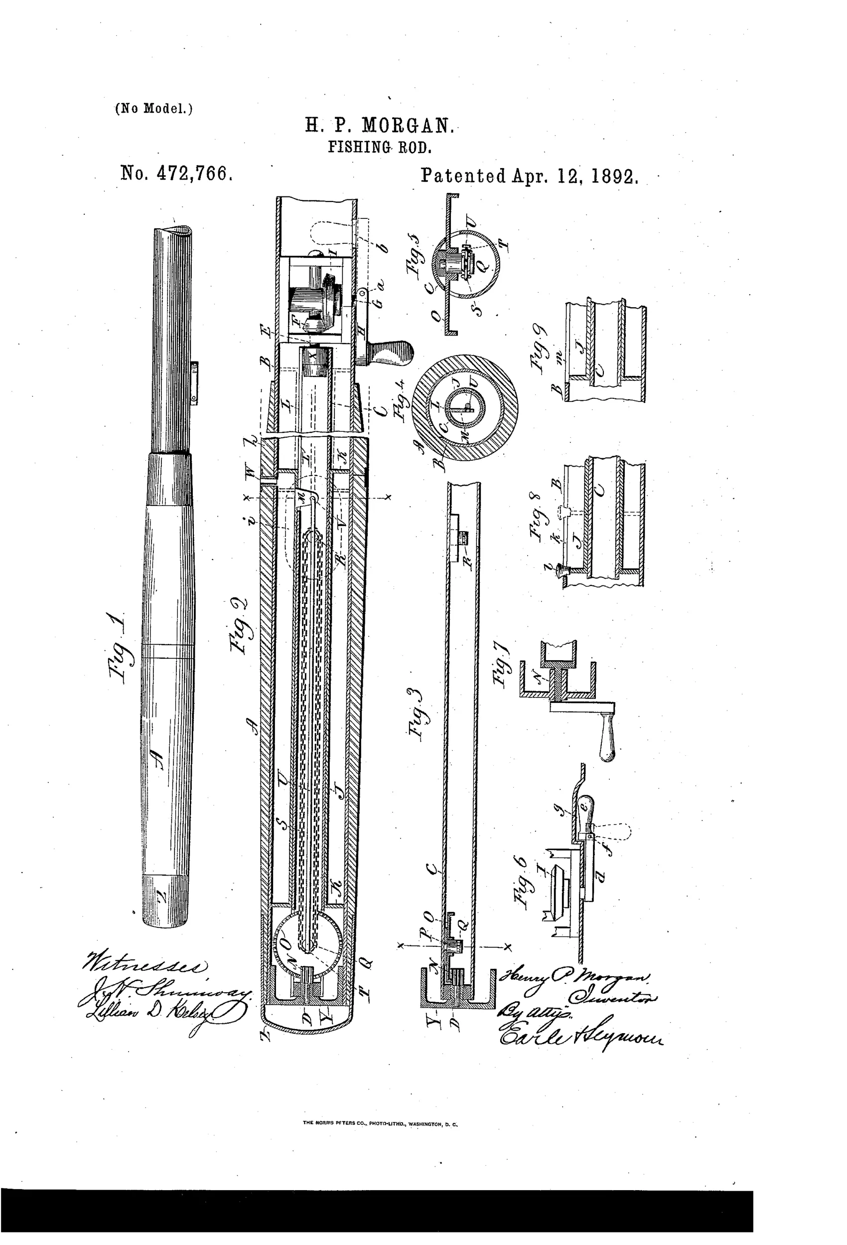 Patent drawing of a fishing rod butt section shown in full side view and in longitudinal cross-section, revealing an internal tubular shaft, spool, gears, sprocket wheels, endless chain, and a side-mounted crank handle, with several smaller detail views of alternate mechanisms.