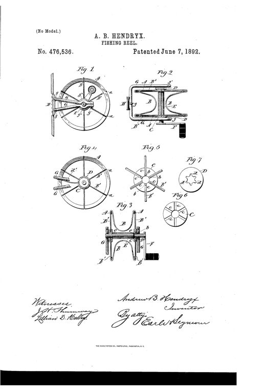 Patent drawing of a wire-frame fishing reel showing the spoked spool with wire loops, the stirrup-shaped side frames, crank handle, and detailed hub and ratchet mechanisms in separate small figures.