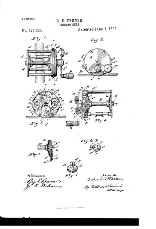Patent drawing sheet showing seven mechanical views of a fishing reel, including plan and end views, internal gear and cam sections, and isolated parts like the click disk, drag cam, and handle cog-wheel, all labeled with reference letters.