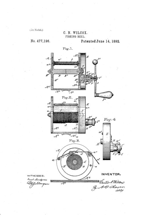 Patent drawing of a fishing reel showing a cutaway frame with spool, sliding pinion sleeve, crank handle assembly, and a separate detail view of an assembled cylindrical reel with a hinged brake arm crossing the wound line.