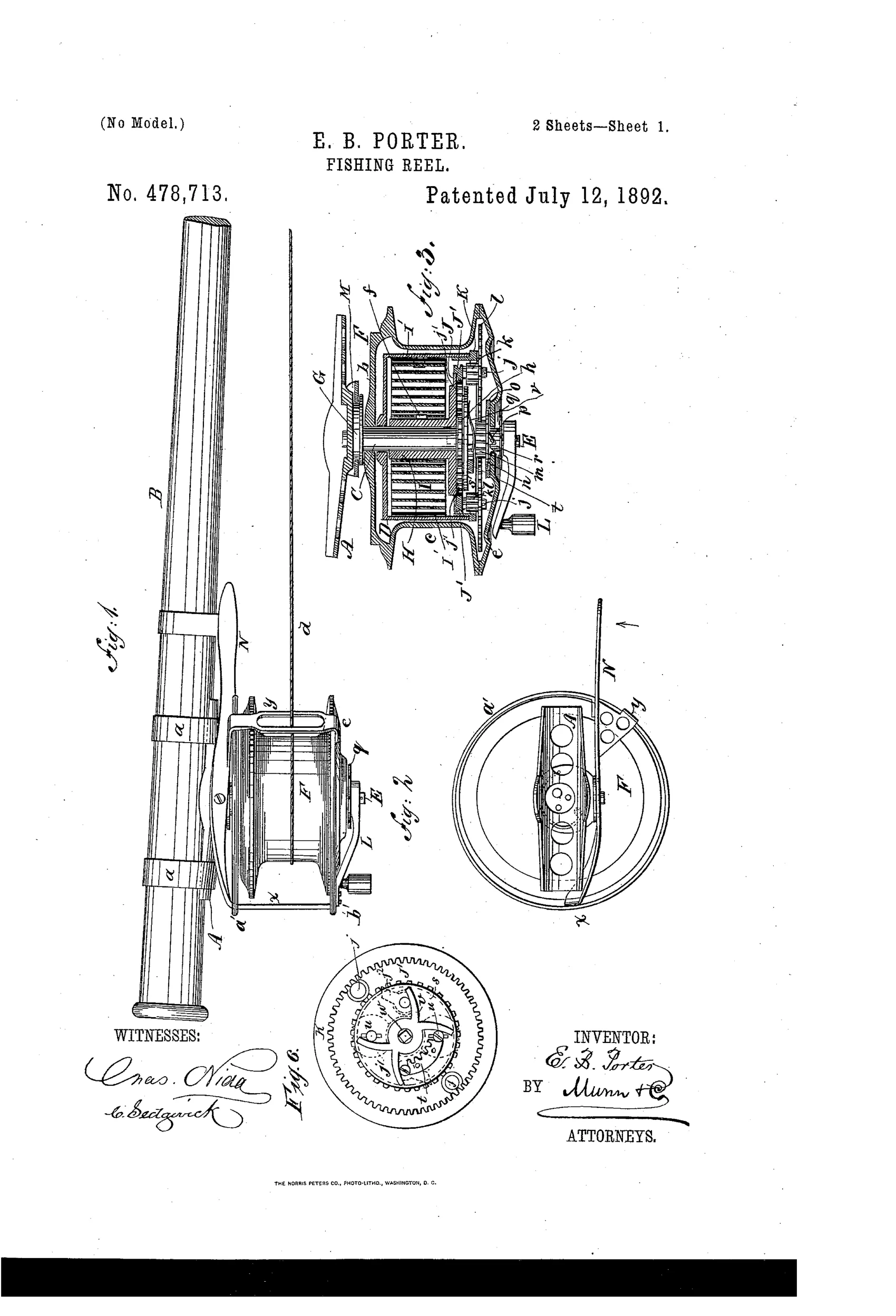 Patent drawing sheets showing a spring-powered fishing reel with internal planetary gear train, cam-actuated clutch disk, hand crank, brake lever with wire line guard, and exploded views of individual gears and pinions.