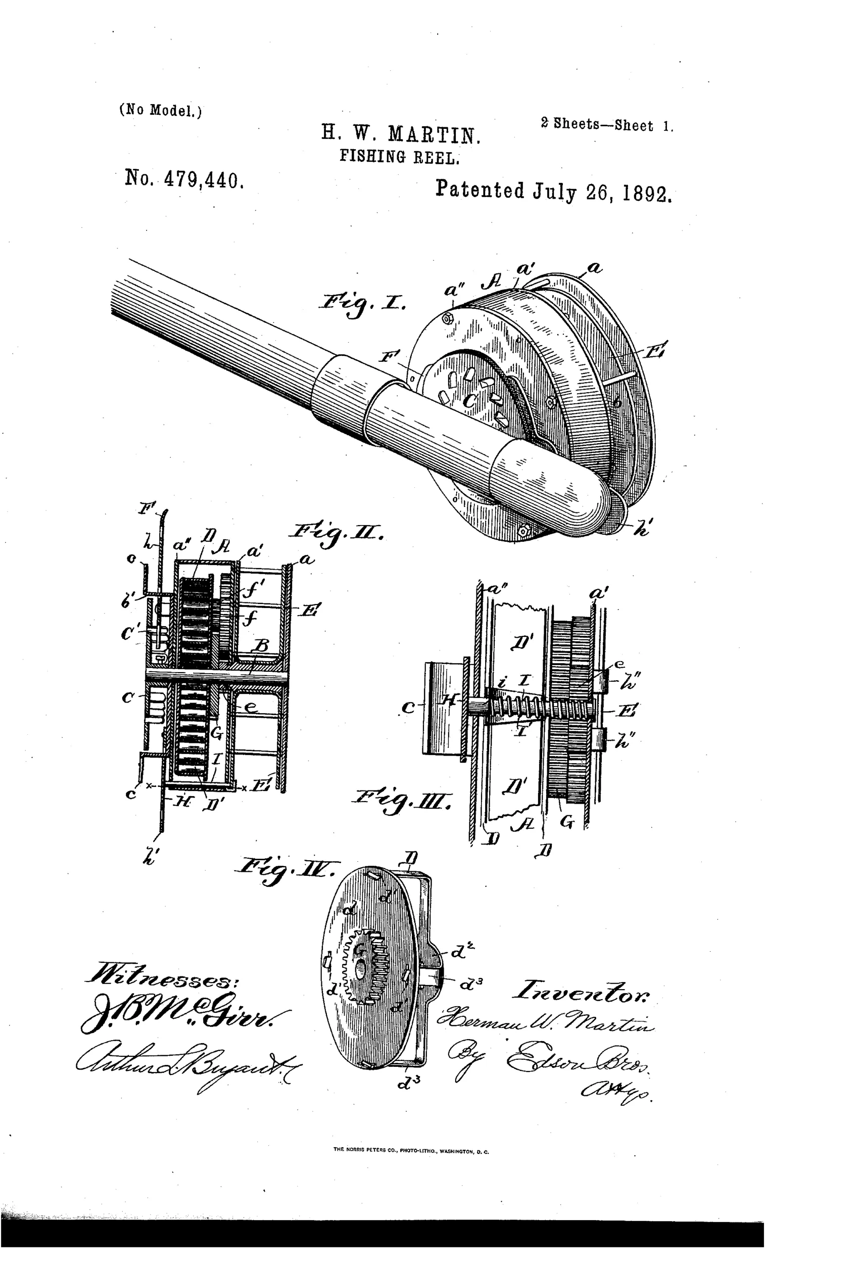Patent drawing of a cylindrical fishing reel mounted on a rod, showing an external winding wheel with radiating spokes and teeth on one end, internal gear train and coiled spring barrel visible in cutaway views, and a separate brake pin mechanism, with a modified deep-water version featuring a line guide and cam assembly.