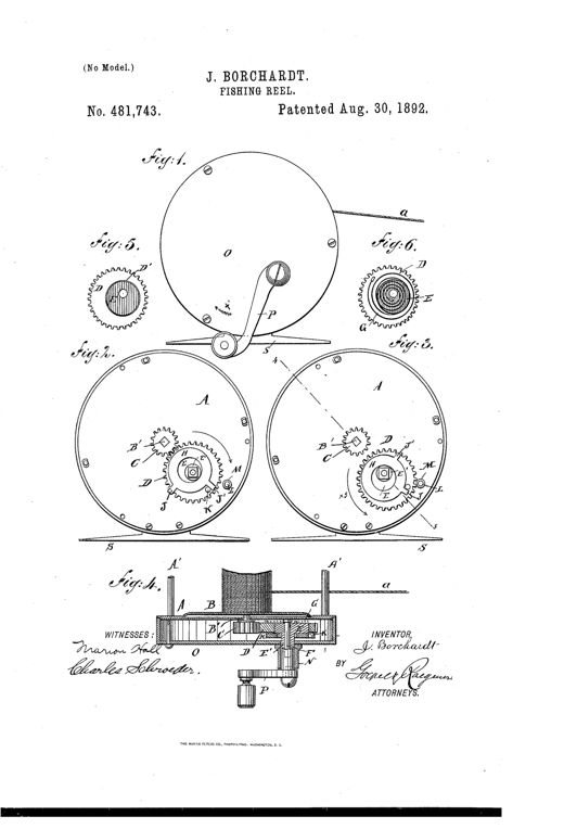 Patent drawing sheet showing six views of a fishing reel: a full side view with crank handle labeled Fig.1, two side views of internal gearing with cog-wheels and pinions engaged and disengaged labeled Fig.2 and Fig.3, a cross-sectional end view labeled Fig.4, and two small detail views of the eccentric disk and cog-wheel labeled Fig.5 and Fig.6.
