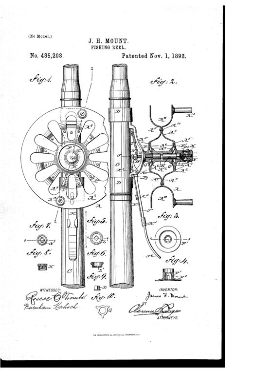 Patent drawing showing a fishing reel mounted on a rod, with a spoked bobbin wheel, a lever-and-spindle brake mechanism, and several small detail views of the friction plates, collar, nut, and spring components.