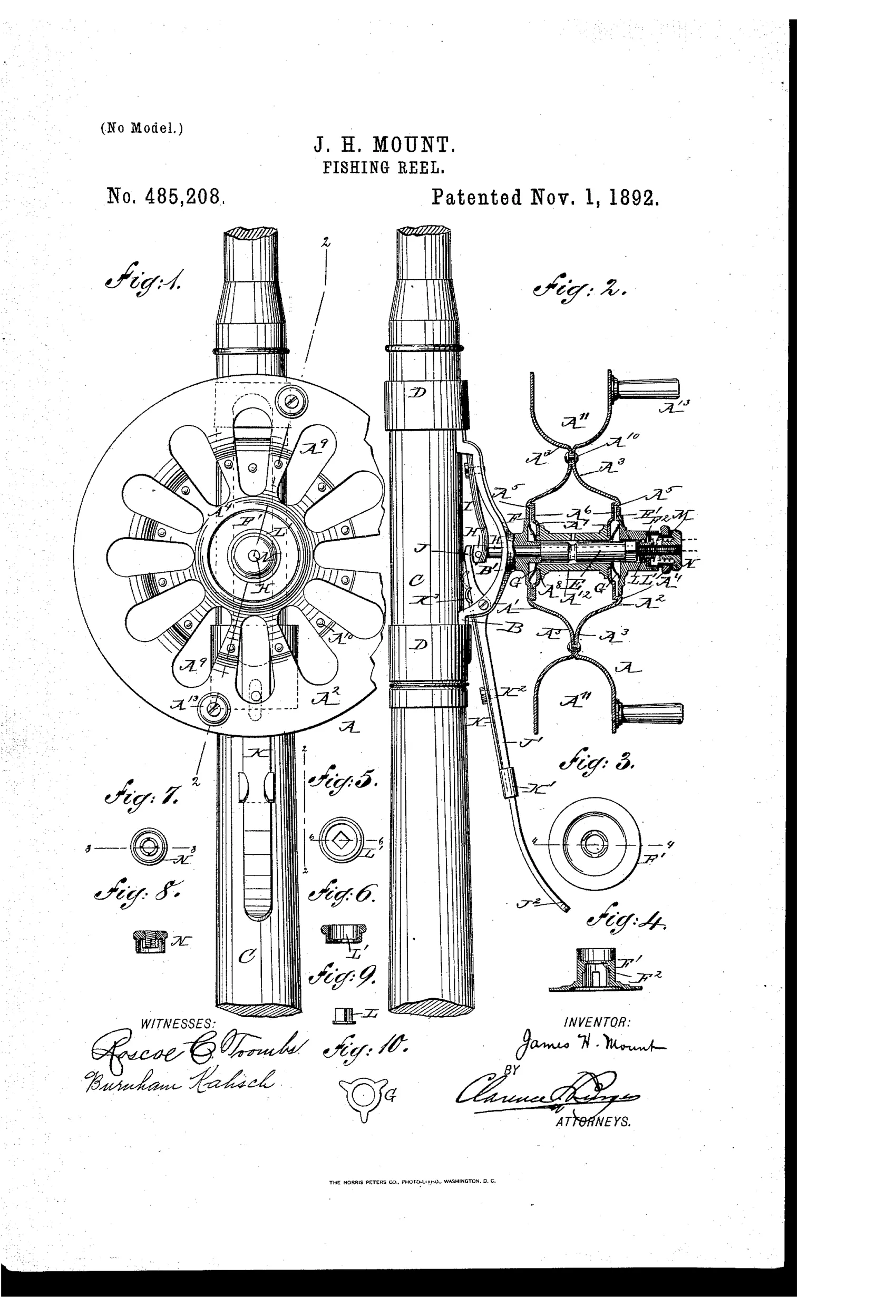 Patent drawing showing a fishing reel mounted on a rod, with a spoked bobbin wheel, a lever-and-spindle brake mechanism, and several small detail views of the friction plates, collar, nut, and spring components.