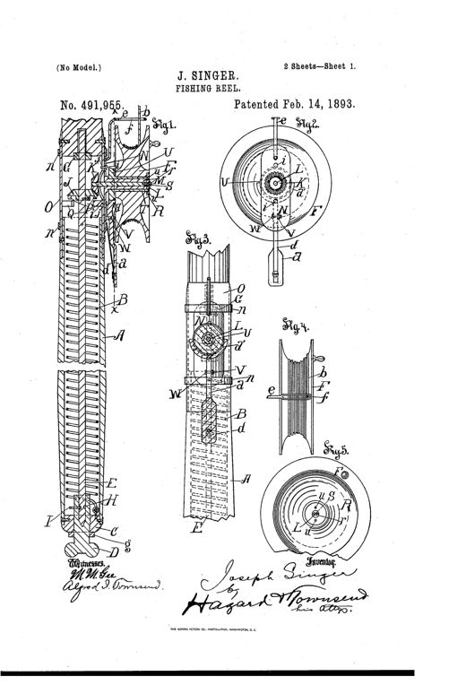 Patent drawing sheets showing cross-sections and elevations of a spring-actuated fishing reel with a hollow rod handle housing a coiled spring, gear train, friction brake wheel, and a detachable reel plate with labeled parts A through W and section views Fig.1 through Fig.6.