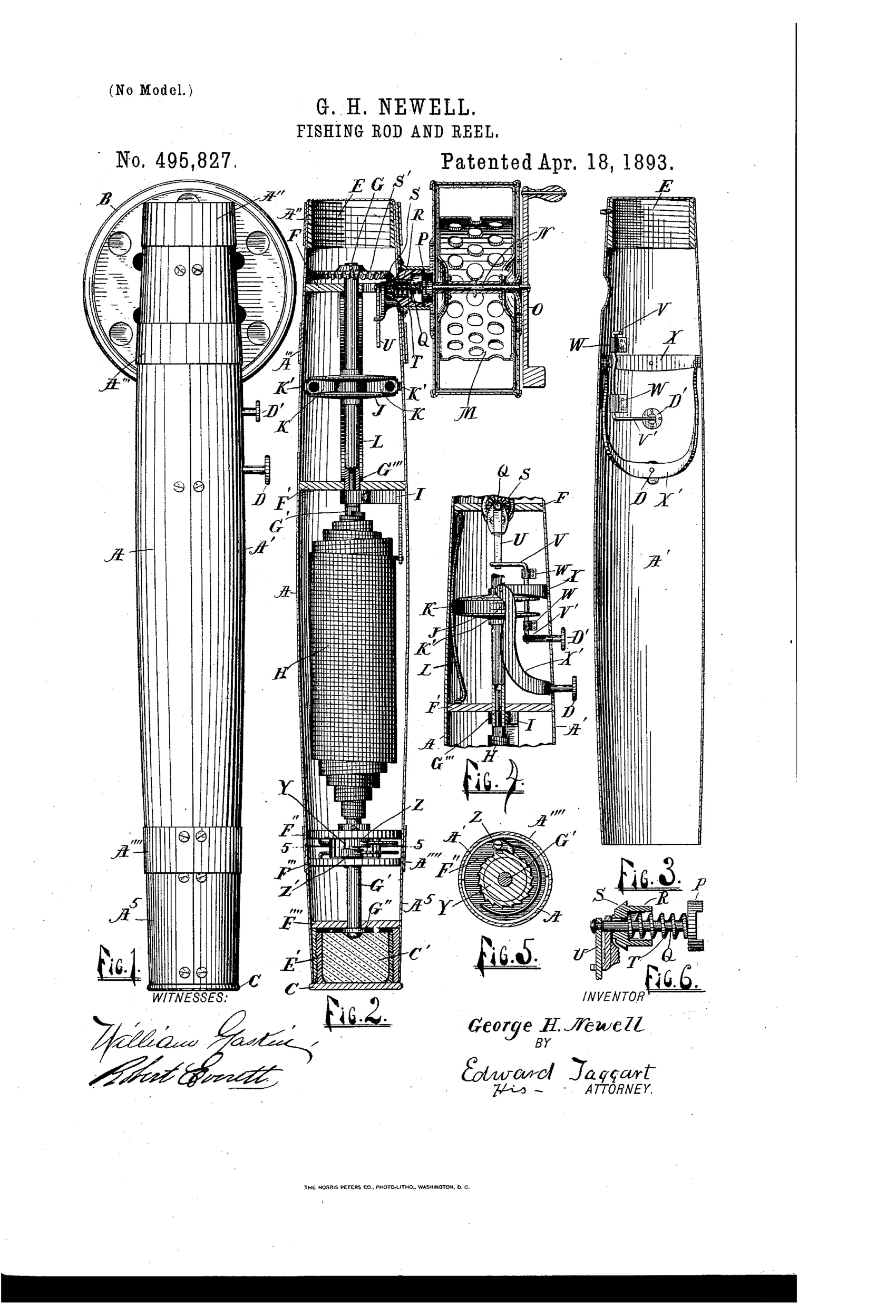 Patent drawing of a fishing rod butt with an internal reel mechanism, showing cross-sections of the cylindrical shell with a coiled spring, shafts, bevel gears, a ratchet wheel with pawl, and lever and button controls for engaging or disengaging the spring-driven reel, with a signed inventor's name and witness signatures at bottom.