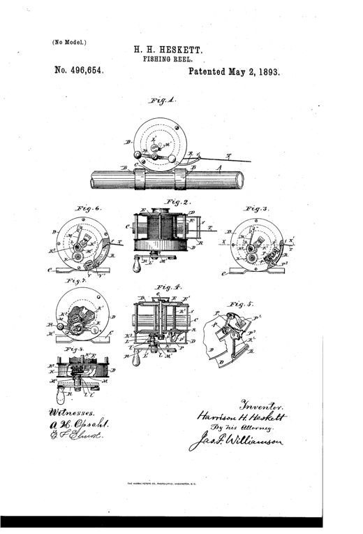 Patent drawing of a fishing reel mounted on a pole, showing the circular reel case with internal gears, a pivoted brake shoe and trip lever, plus several detail views of the brake and gear-shifting mechanism.