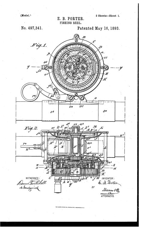 Patent drawing of a spring-powered fishing reel showing a circular gear train inside a housing with pillars, a folding crank handle, and cross-sectional views revealing internal spur wheels, pinions, and a volute spring mechanism.
