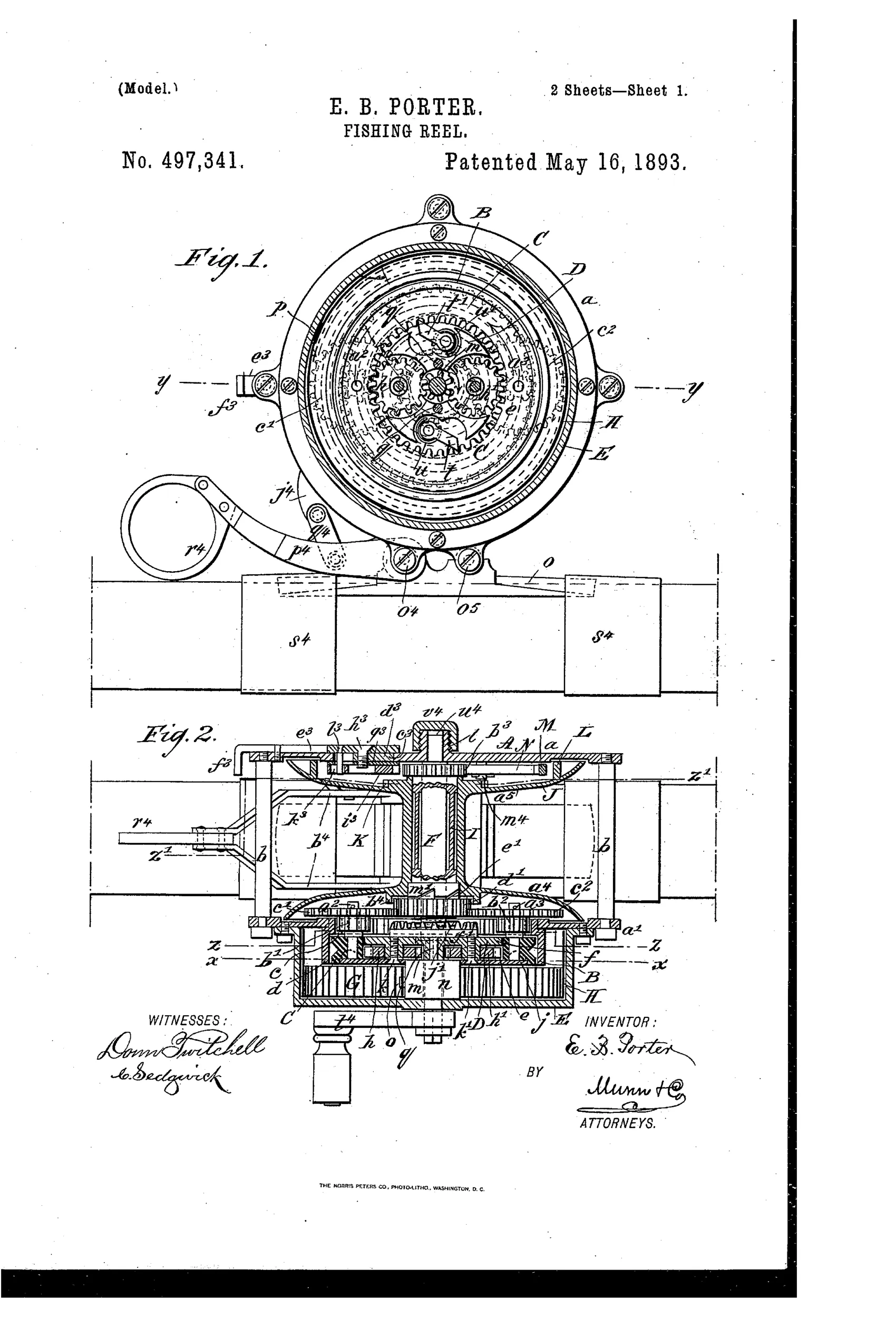 Patent drawing of a spring-powered fishing reel showing a circular gear train inside a housing with pillars, a folding crank handle, and cross-sectional views revealing internal spur wheels, pinions, and a volute spring mechanism.