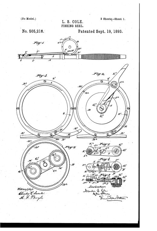 Patent drawing of an 1893 tarpon fishing reel mounted on a pole, showing the crank handle, side plates with screws, internal gearing, brake band mechanism, and a separate thumb-piece connected by a cord running along the rod handle.