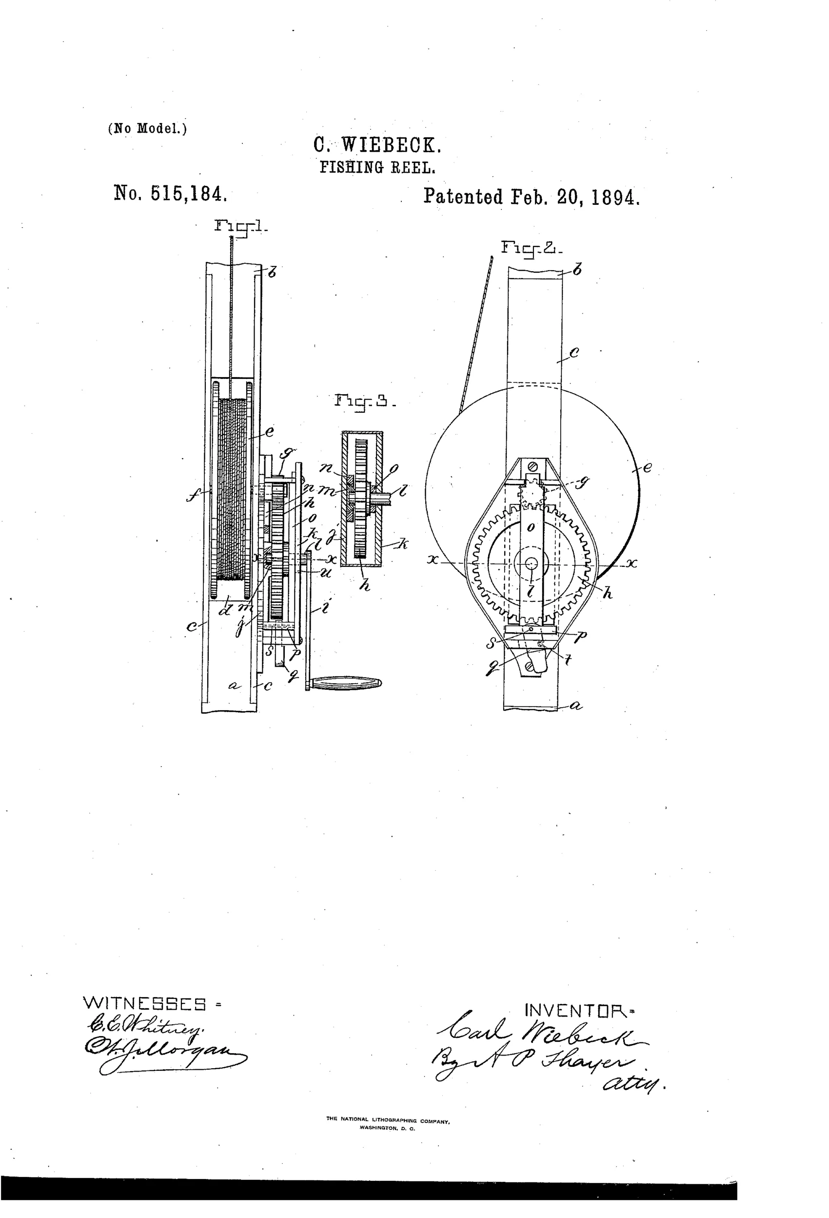 Patent drawing of a fishing rod reel showing the internal gear mechanism, including a pinion and master wheel with crank, mounted between metal side plates, with three figures illustrating the plan view, side elevation, and cross-section of the driving gear case.