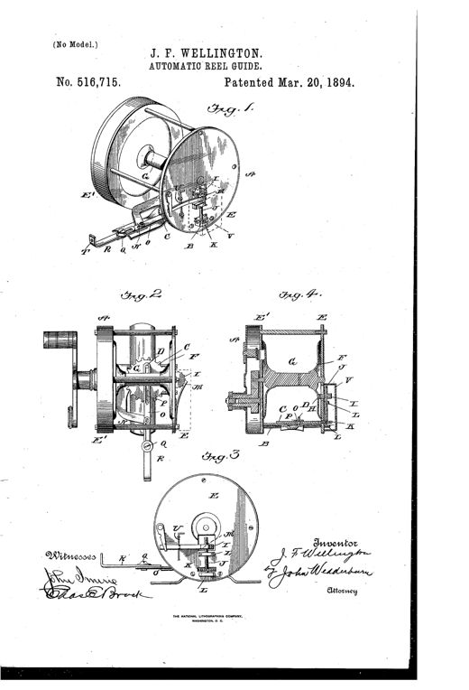 Patent drawing of a fishing reel with an automatic line guide, showing internal cog wheels, a pivoting arm, and an adjustable slotted arm mounted on the reel's side plate, alongside plan and sectional views of the gear mechanism.
