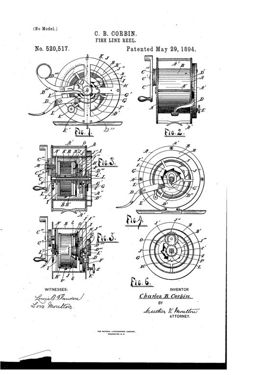 Patent drawing sheet showing six technical figures of a spring-driven fishing reel with internal gear train, ratchet drum, brake lever, and folding hand crank, labeled with reference letters A through P.