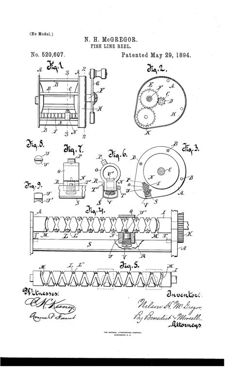 Patent drawing sheet showing a classic bait-casting style fish-line reel in side elevation (Fig. 1) with end plate, crank handle, and internal spool, plus a gear-train cutaway (Fig. 2), a reversely-grooved worm shaft with a traveling guide ring and hinged cap (Figs. 3-9), all labeled with reference letters A through V.