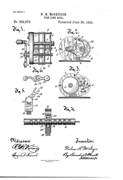 Patent drawing sheet showing six figures of a fishing reel: a front elevation with crank handle and end plates, an end view revealing internal gears and pinion, a cross-section through the spool and grooved shaft, a detail of the reversely grooved shaft with a sliding guide, a small forked guide ring, and a simple crank handle.