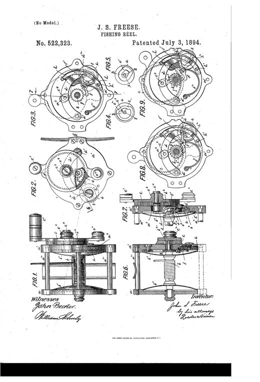 Patent drawing sheet showing nine mechanical diagrams of a fishing reel's internal gear, cam, click, and drag mechanism, plus two side-view assemblies of the full reel with spool and crank handle.