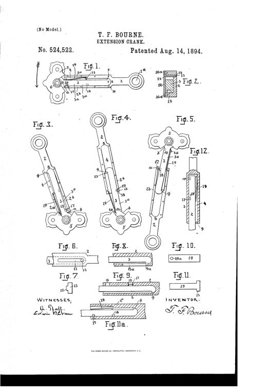 Patent drawing sheet showing multiple side views and cross-sections of a two-part telescoping bicycle crank with pedal, pin, spring, and locking recess details labeled with numbered reference lines.