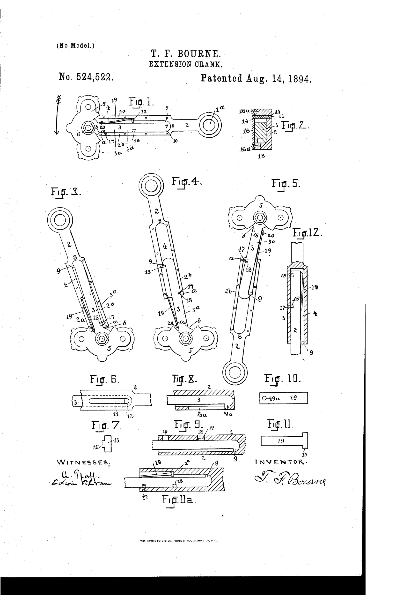 Patent drawing sheet showing multiple side views and cross-sections of a two-part telescoping bicycle crank with pedal, pin, spring, and locking recess details labeled with numbered reference lines.