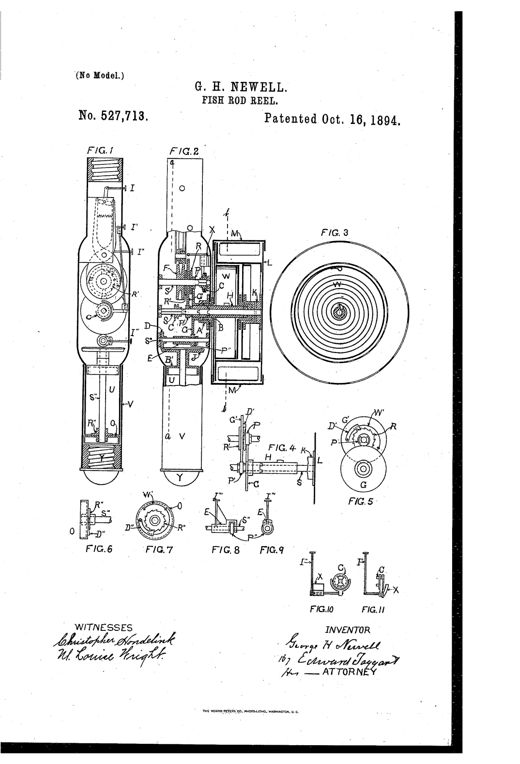 Patent drawing of a fishing rod handle in longitudinal section showing an internal clock-spring reel mechanism with gears, ratchets, a friction brake, and a separate circular reel view, alongside several small detail figures of coupling and clutch parts.