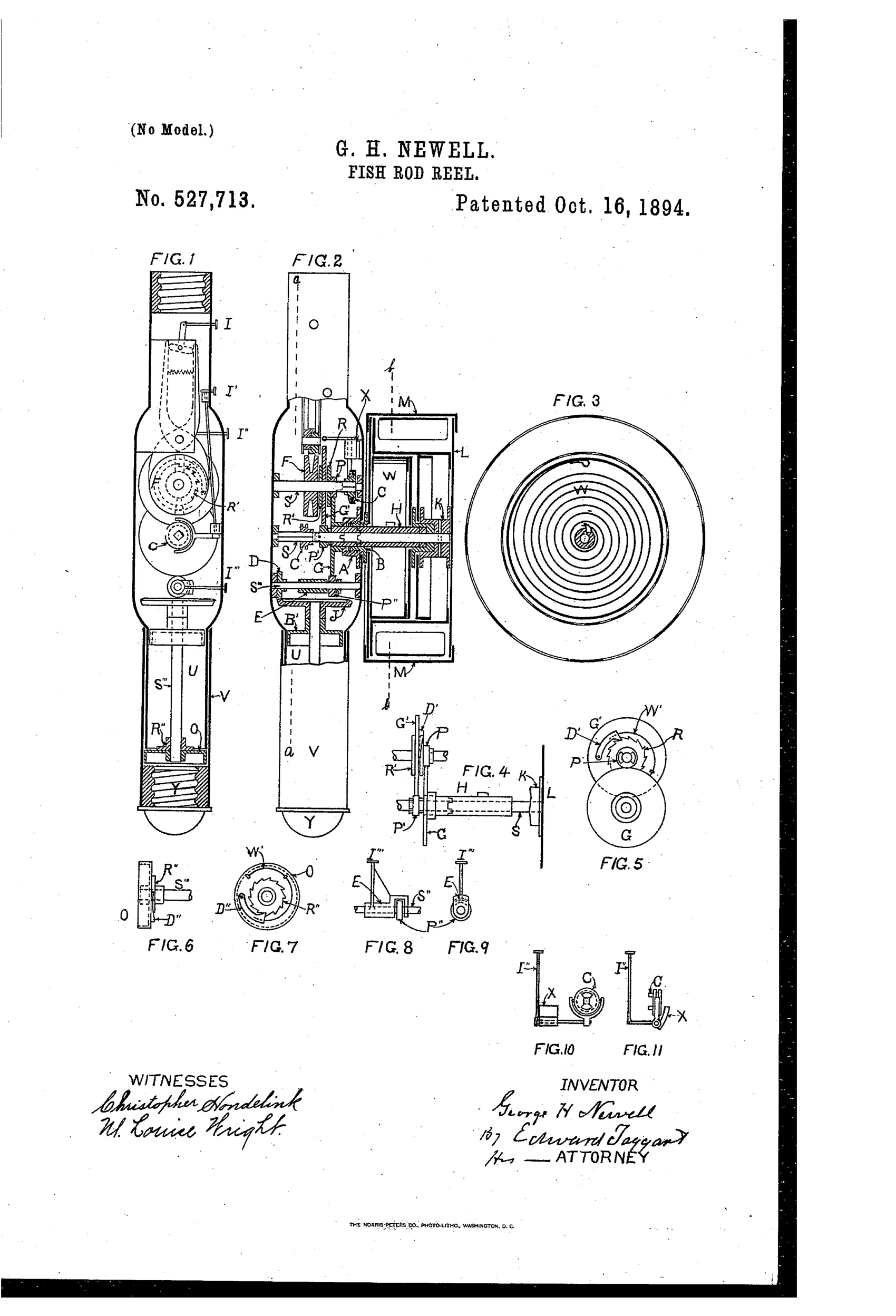 Patent drawing of a fishing rod handle in longitudinal section showing an internal clock-spring reel mechanism with gears, ratchets, a friction brake, and a separate circular reel view, alongside several small detail figures of coupling and clutch parts.