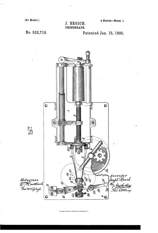 Patent drawing of a phonograph mechanism showing a vertical governor shaft with weighted bell-crank arms, an adjustable cone brake, belt-and-pulley speed transmission, and a spring-driven going-barrel with gear train, mounted on a rectangular base plate.