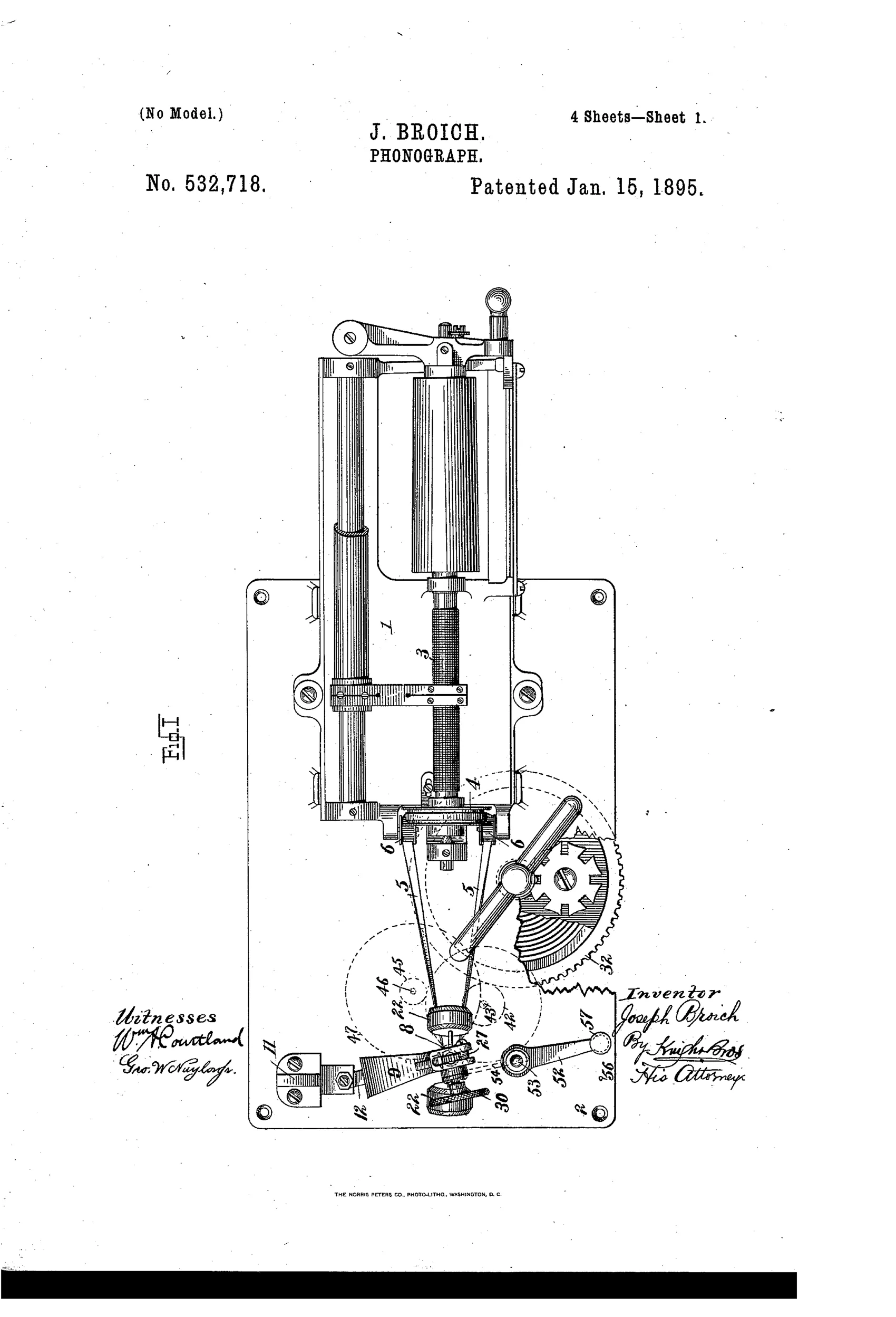 Patent drawing of a phonograph mechanism showing a vertical governor shaft with weighted bell-crank arms, an adjustable cone brake, belt-and-pulley speed transmission, and a spring-driven going-barrel with gear train, mounted on a rectangular base plate.