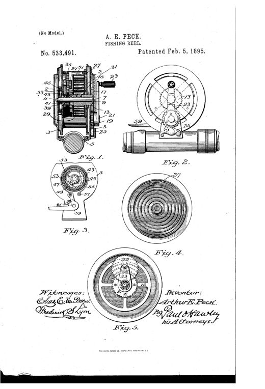 Patent drawing of a spring-powered fishing reel showing an exploded end view with internal gears, a spring barrel, a centrifugal pawl-and-ratchet clutch disk, a brake lever, and a side elevation of the assembled reel attached to a rod section.