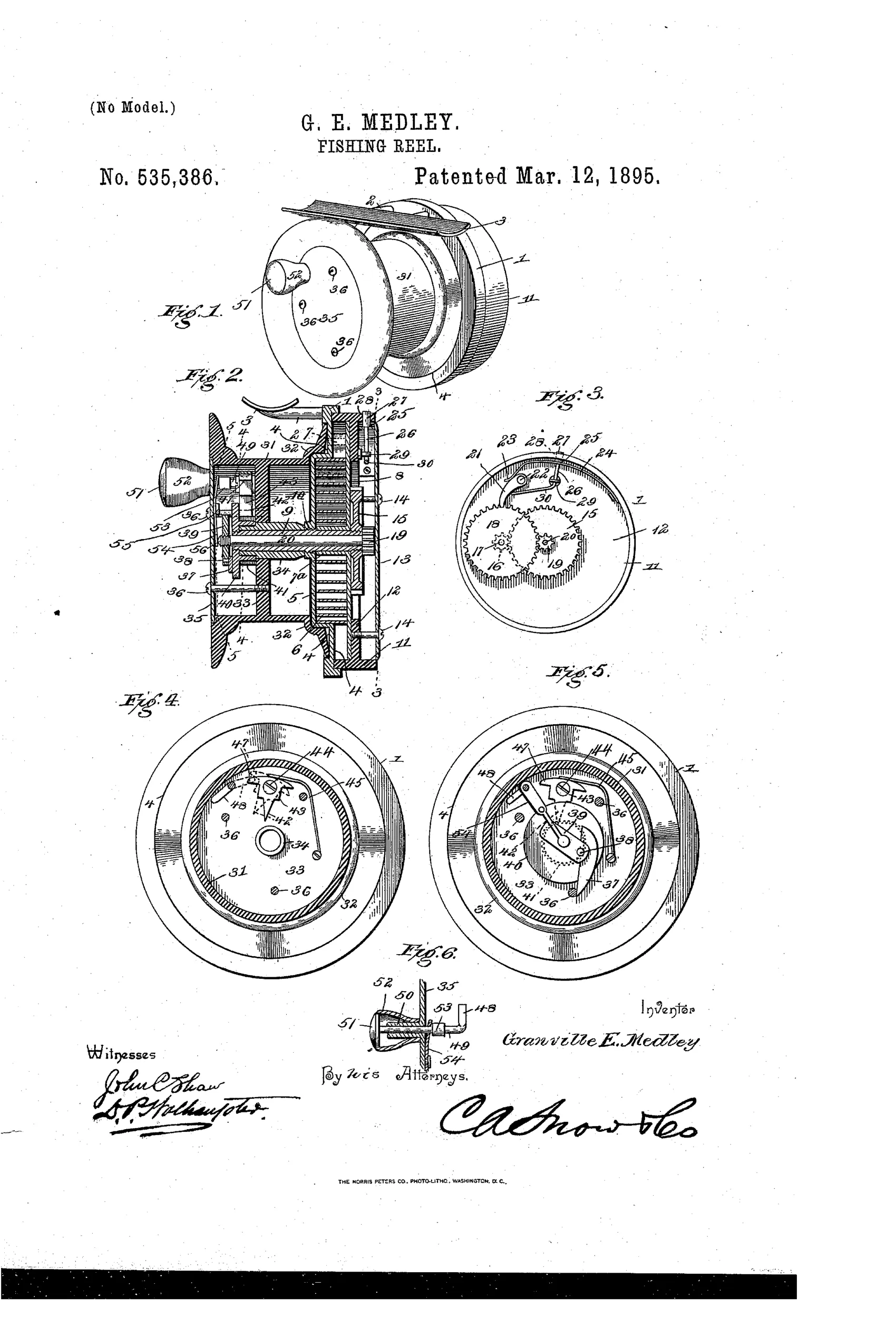 Patent drawing of a cylindrical fishing reel shown in perspective and in several cutaway cross-sections revealing an internal spiral spring, gear train, clutch plate, click wheel, and crank handle mechanism.