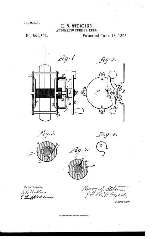 Patent drawing showing a fishing reel in longitudinal section with labeled frame, spool, gearing, crank, and a friction spring inside the crank hub, plus enlarged cross-section views of the spring mechanism.