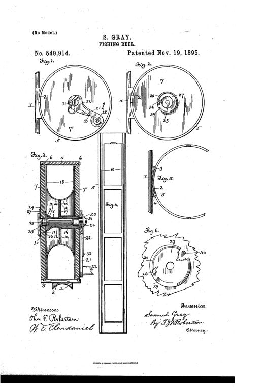 Patent drawing sheet showing six figures of a late 19th-century fishing reel: front and rear elevations with numbered parts like ratchet wheel, pawl, and crank-arm, a sectional view of the drum interior, a flat blank pattern for the drum strip, a side clamp section, and a detailed close-up of the washer and notch mechanism.