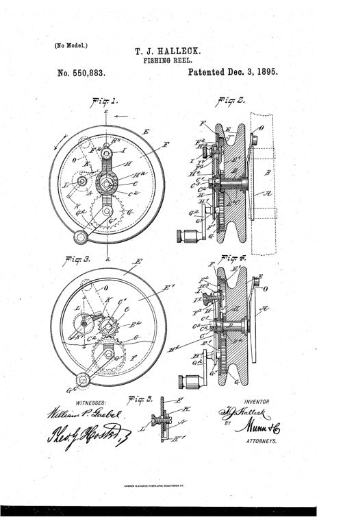 Patent drawing sheet showing a round fishing reel viewed face-on (Figs. 1 and 3) with internal gears, a pinion, sliding arm, click pawl and crank handle, plus corresponding cross-section views (Figs. 2 and 4) revealing the pivot, pulley hub, gear-wheel and mounting plate attached to a fishing rod, and a small detail view (Fig. 5) of the retarding pawl mechanism.