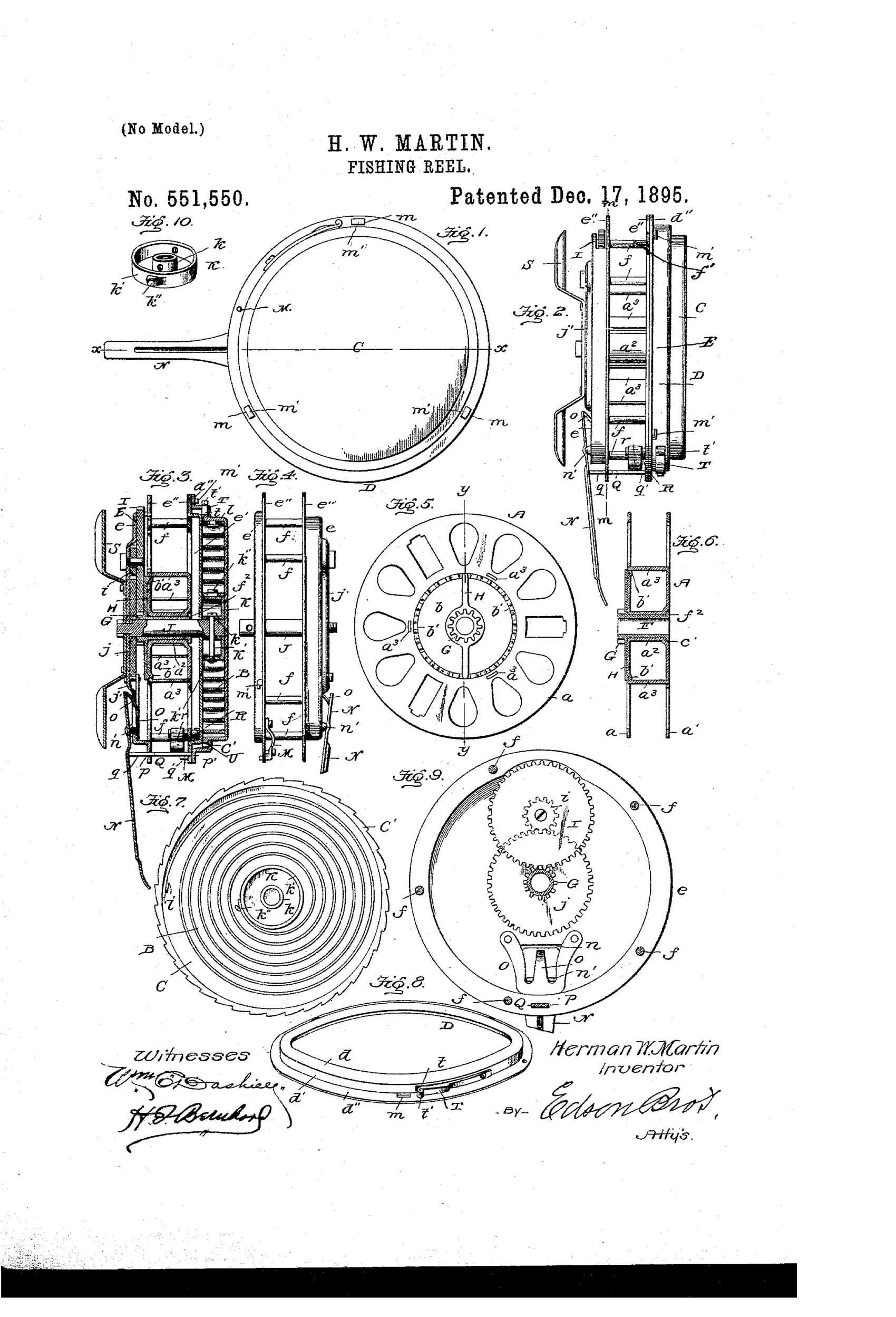 Patent drawing sheet showing ten labeled figures of a circular fishing reel with an exposed spring drum, gear train, line spool with tongues and notches, brake lever mechanism, and detachable clamping ring, alongside a signed inventor's certification block.