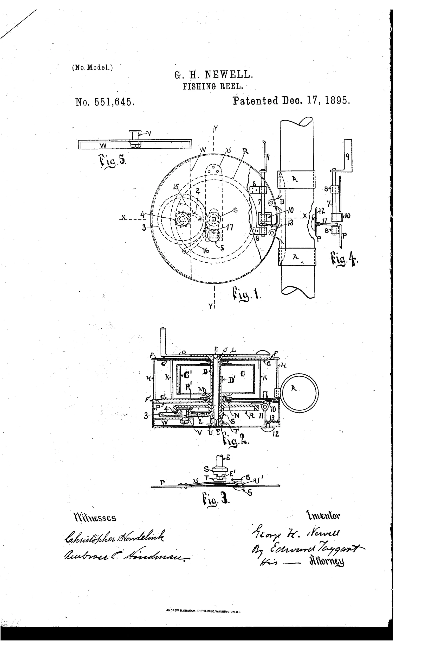 Patent drawing showing a cylindrical fishing reel with internal gears, a hollow shaft, spring casing, clutch mechanism, and brake assembly, along with cross-sectional views labeled Fig. 1 through Fig. 5.