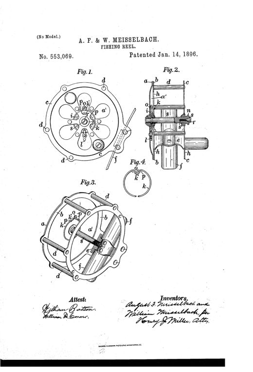 Patent drawing of a Meisselbach fishing reel showing the cheek plate with internal click mechanism, an edge cross-section revealing the spool and spindle, a perspective view of the frame with spool removed, and a detail of a modified click-spring.