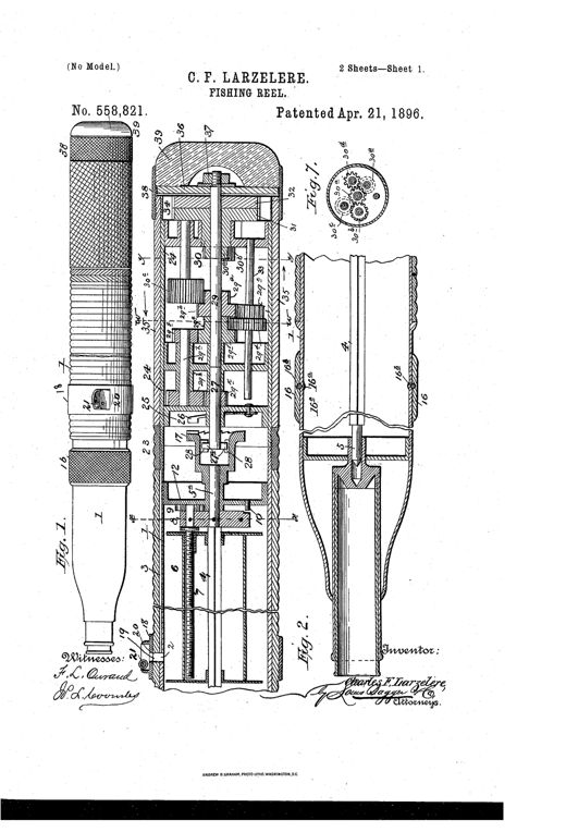 Patent drawing of a fishing rod butt shown in cross-section, revealing an internal spindle, sliding reel, ratchet wheels, and a multiplying gear train housed within the hollow cylindrical butt, with an oscillating sleeve and screw cap at the rear end.