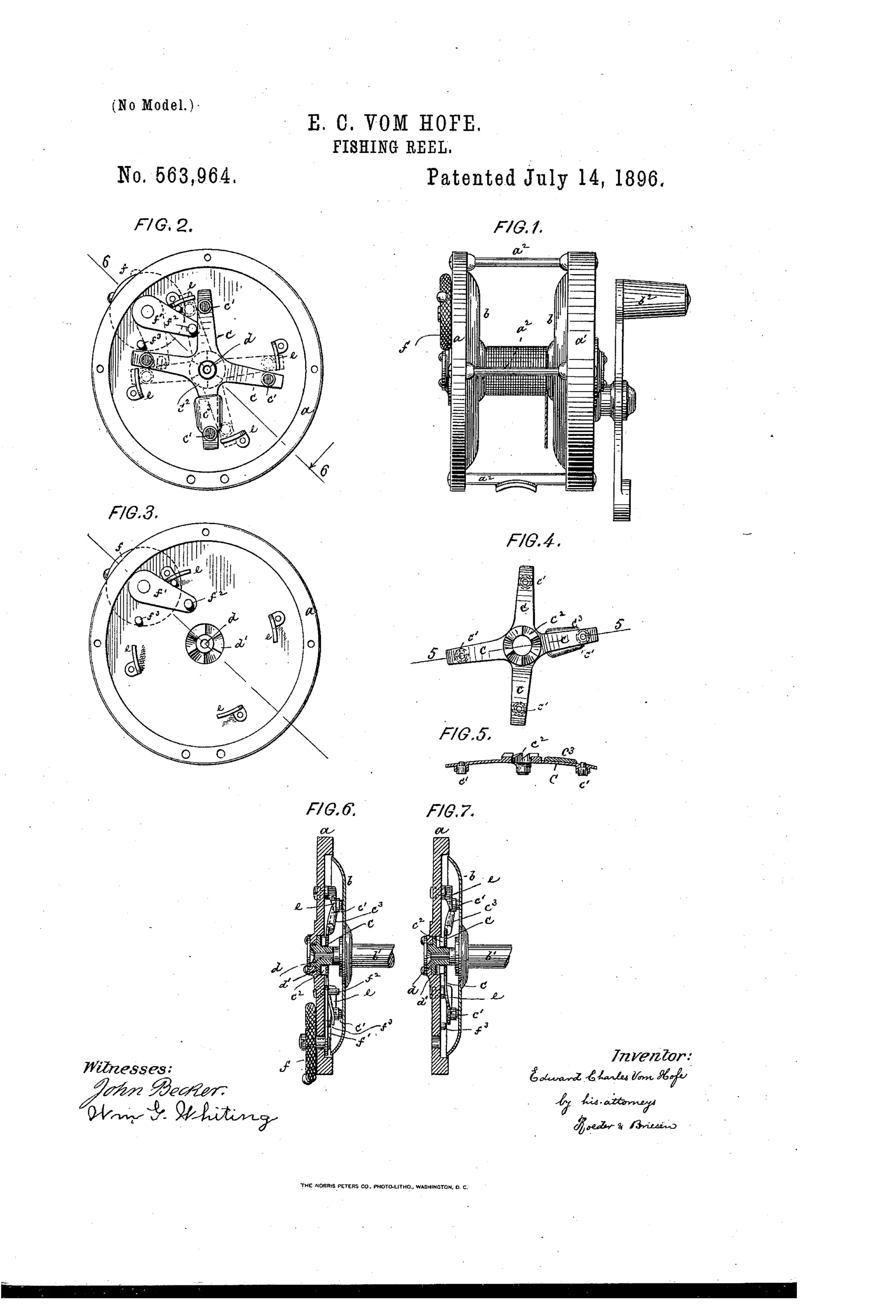 Patent drawing showing a cylindrical fishing reel with two side plates connected by pillars, a crank handle, and an internal spider-shaped brake mechanism with toothed jaws visible in cutaway face views.