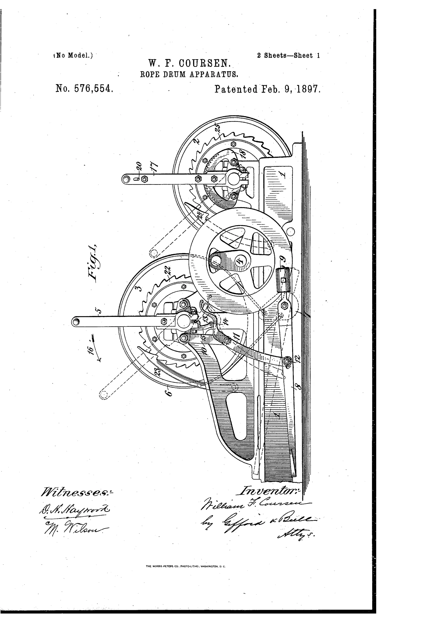 Patent line drawings of a derrick rope-drum apparatus showing two large friction drums mounted on a vertical frame, with hand levers, a band brake, ratchet wheels, and a foot-lever and counterweight mechanism for controlling drum rotation.