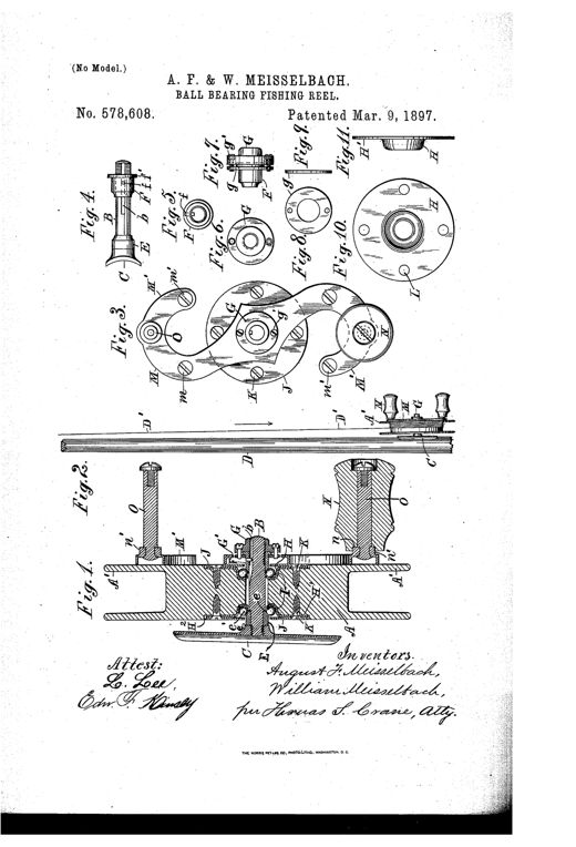 Patent drawing sheet showing a wooden fishing reel assembly in cross-section (Fig. 1-2) mounted on a fishing pole with a stud, cones, and ball-bearing races, plus detail views (Fig. 3-11) of the crank-plate, adjusting cones, nuts, collars, and stamped sheet-metal ball-race components.