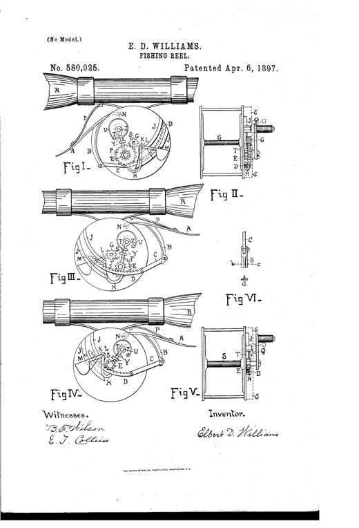 Patent drawing showing a fishing rod section with an attached reel mechanism, illustrating internal gears, a ratchet wheel, a reciprocating rack-bar, and a lever labeled with letters A through Z across six numbered figures.