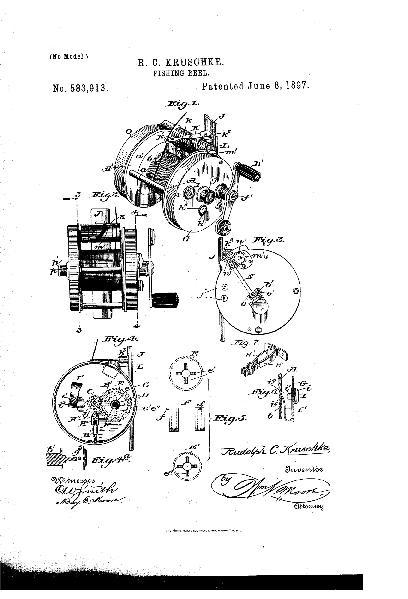 Patent drawing of a Kruschke fishing reel showing an exploded perspective view with crank handle, internal gears, spool shaft, cam cylinder, and level-wind guide arm, alongside cross-sectional and detail views of the brake and gear mechanisms.