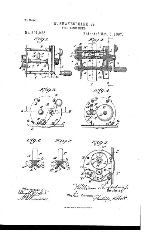 Patent drawing sheet showing seven figures of a fishing reel with side plates, cross-bars, grooved spindles, a crank handle, gear casing, and a click mechanism, labeled with letters A through Z identifying each part.