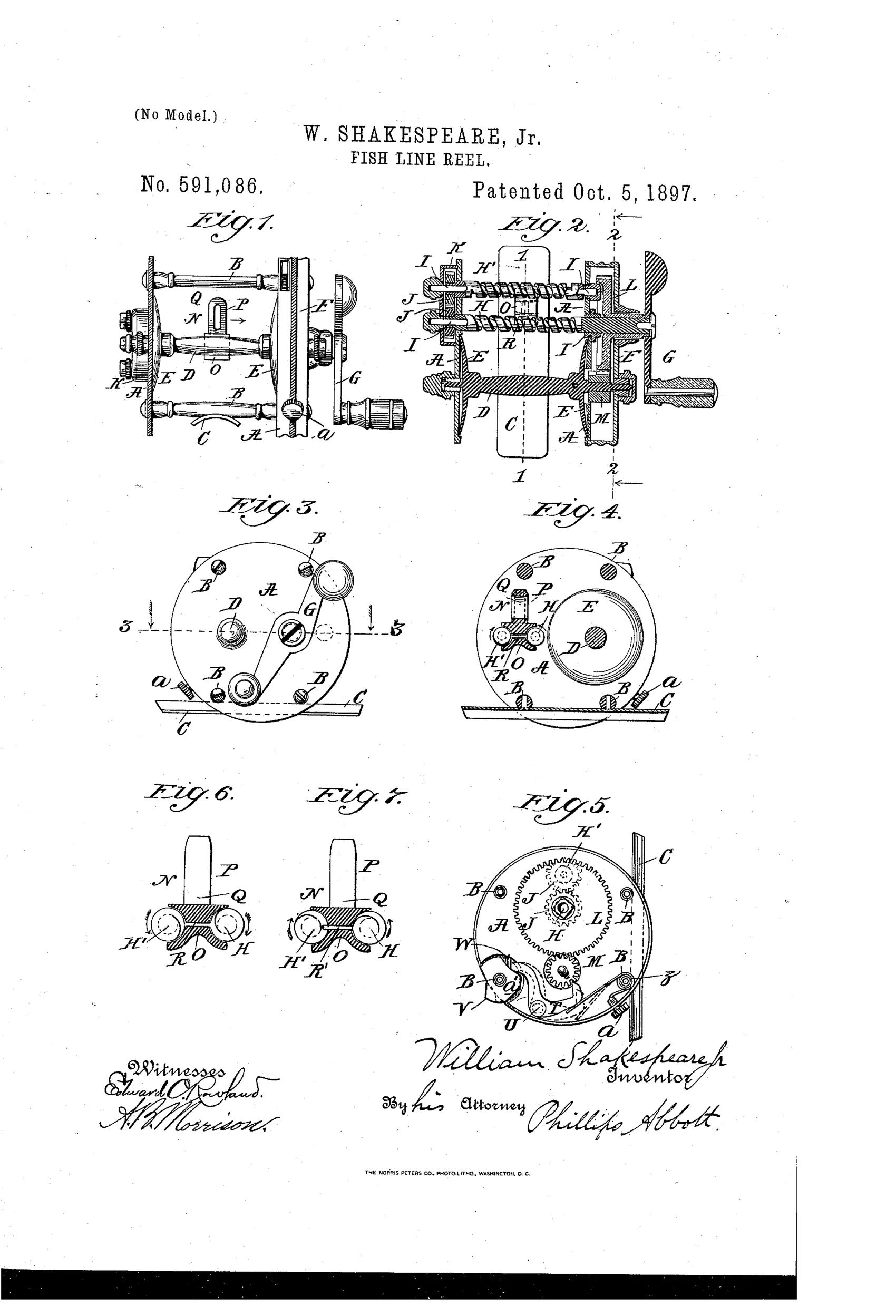Patent drawing sheet showing seven figures of a fishing reel with side plates, cross-bars, grooved spindles, a crank handle, gear casing, and a click mechanism, labeled with letters A through Z identifying each part.