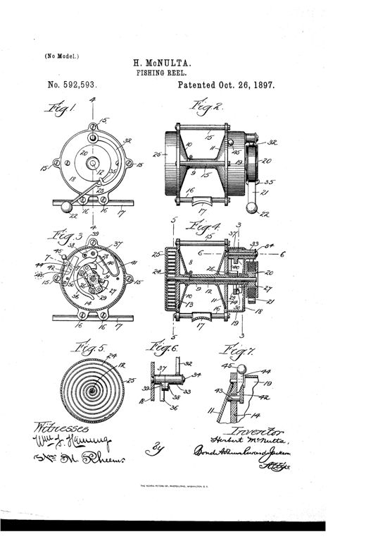 Patent drawing sheet showing seven figures of a mechanical fishing reel with a crank handle, spool, drum, ratchet wheel, pawls, and internal spring mechanisms, labeled with numbered reference parts.