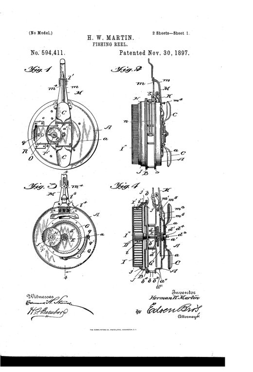 Patent drawing sheets showing a circular fishing reel housing with internal gear train, crank-arm, dual brake jaws, a spring-loaded indicator dial, and a curved segmental line guide, accompanied by detail views of gears, jaws, and spool disks.
