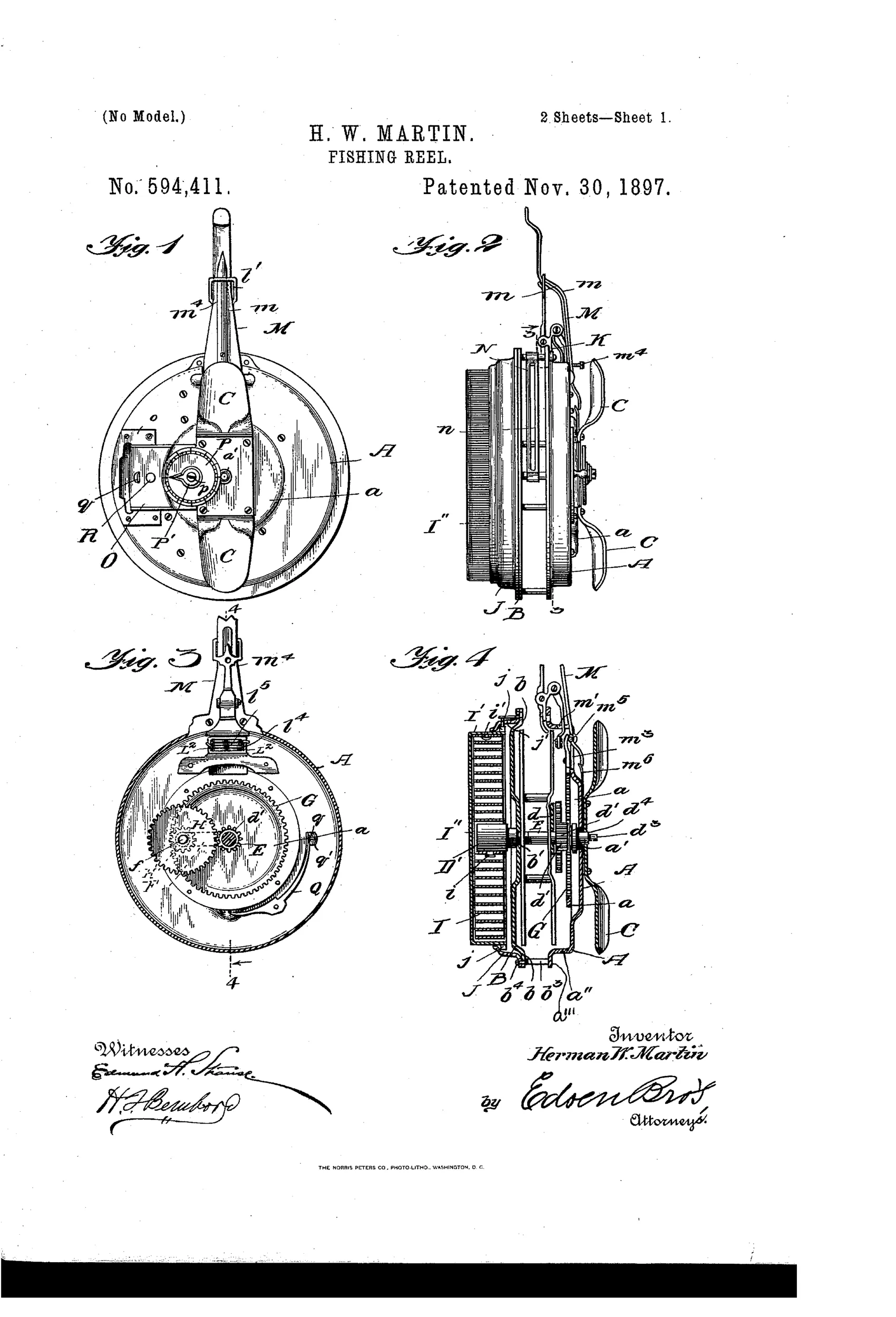 Patent drawing sheets showing a circular fishing reel housing with internal gear train, crank-arm, dual brake jaws, a spring-loaded indicator dial, and a curved segmental line guide, accompanied by detail views of gears, jaws, and spool disks.